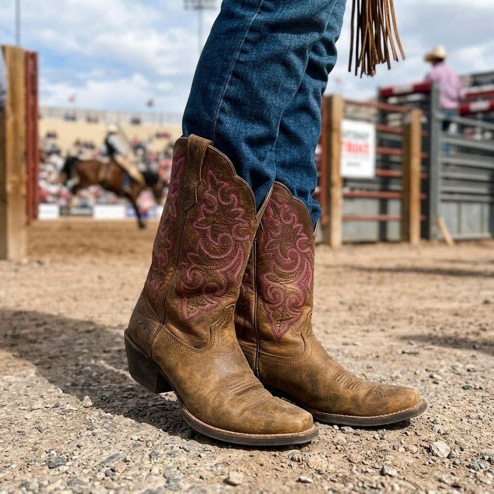 Ariat Women's Quickdraw Western Boots Brown Pink Stitch Square Toe Size 6.5B